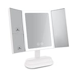 EMKE Miroir Maquillage Lumineux, Tri-Pli Miroir LED Maquillage avec Grossissements 1x/5x/7x, Miroir de Table Portable avec Écran Tactile, 3 Lighting Effects, Rechargeable par USB, Blanc