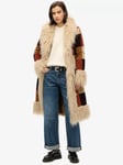 Superdry Patchwork Long Afghan Coat, Brown Patchwork Cord