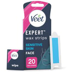 Veet Expert Sensitive Waxing Strips, 20 Cold Wax Strips + 4 Finish Wipes, Eyebrow Waxing Strips, Facial Wax Strips, Face Wax Strips For Sensitive Skin, Sensitive Skin, Hydrating, Exfoliating