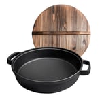 SOGA 29cm Round Cast Iron Pre-seasoned Deep Baking Pizza Frying Pan Skillet with Wooden Lid - Frying Pans - ZPaiC1