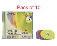 10 x TDK DVD-R Colour Blank DVD Discs 16x 4.7GB 120 mins Jewel Coloured Case