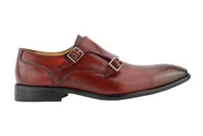 Mens Real Leather Red Maroon Double Monk Strap Buckle Smart Casual Shoes Loafer