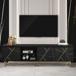 Meuble TV Grand 200x35x60 cm pour Téléviseur 90 Pouces, avec 3 Portes et 2 Compartiments, Design Moderne avec Ligne doré, Noir