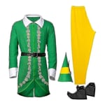 Buddy Elf-kostym för jul med byxor, jacka, skor, hatt och bälte - Andningsbart outfit för män, pojkar - Bekvämt M