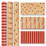 Niviy 3 Rouleaux Papier Cadeau Rouge Noël Rouleau Papier Kraft Adapté Enfants,Femmes et Hommes Surface Plaquée Or est Parfaite pour Décorations Cadeau de Noël 43x300cm