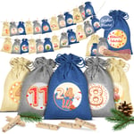 Kesser - Calendrier de l'Avent à remplir 24 sacs en toile de jute Imprimé Calendrier de Noël pour enfants à remplir soi-même Incl. 24x étiquettes