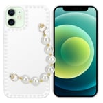 Coque pour Apple iPhone 12 MINI en Blanc avec perles Housse de protection Étui en silicone TPU flexible et avec tour de cou chaîne de poignet - Neuf