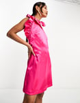 French Connection Womens satin mini dress with ruffle detail in fuchsia pink - Size 16 UK