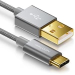 deleyCON 1m Câble USB-C - Câble de Charge Câble de Données - Nylon + Fiche Métallique - USB C vers USB A - Compatible avec Apple Samsung Google Huawei Xiaomi Tablet Laptop PC - Gris