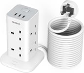 10M Extension Lead Tower, 8 Way Power Strip with 3 USB Slots, Surge Protected