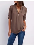 Women Shirts Summer Autumn Casual V-Neck Chiffon Blouse Women Top Camisa Feminina Long Sleeve Black White Ladies Blouses Shirt-Coffee_4Xl