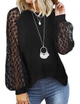 Tuopuda Chemisier Femme T-Shirts Manches Longues Gaufrette Waffle Tunique Dentelle Pull Chic Col Rond Blouse Élégant Pullover Casual Tops, Noir, XL