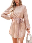 CUPSHE Mini robe de soirée ajustée à manches longues avec ceinture à paillettes pour femme, champagne, Taille XL