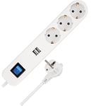 REV Ice Multiprise avec USB, multiprise 3 Prises, 2 Ports USB, Chargeur 1,4 m, Max. 3680 W, Blanc