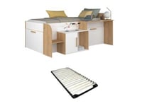 Lit combiné 90 x 200 cm avec bureau et rangements - Coloris : Blanc et naturel + Sommier - PEDRO