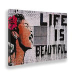 Giallobus - Cadre - Impression sur Toile Canvas - Banksy - LA Vie EST Belle - 50 x 70 CM