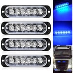 4-pack - Ultratunna Blå 6 LED-strobbeljus - LED-ljuslist Mini Nödsignal 18 Blinkande Lägen 12V-24V för Universalfordon eller Lastbil