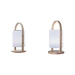 Lampe enceinte bluetooth sans fil poignée bois LED blanc/multicolore dimmable WOODY PLAY H37cm & Lanterne lumière blanche de jardin avec anse en bois sans fil sur batterie WOODY