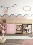 Very Home Mico Mid Sleeper Bed With Pull-Out Desk, Storage And Mattress Options (Buy &Amp; Save!) - Light Pink/Oak Effect - Bed Frame With Standard Mattress