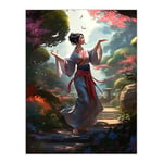 Artery8 Geisha Performing in Tranquil Garden Painting Graceful Traditional Dance in Spring Bloom Flowers Large Wall Art Poster Print Thick Paper 18X24 Inch