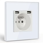 BSEED Prise Murale avec 2 Ports USB,16A Prise de Courant Alternatif avec Panneau en Verre,Multiprise Murale Max 2.1A,Convient au Smartphone, à la Tablette (1 Prise avec 2 Ports USB,Blanc)