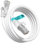 Cable Ethernet 3m, Cat 7 Cable RJ45 Blindé Haute Vitesse 10Gbit/s 600MHz S/FTP Câble Réseau Blanc Gigabit Extérieur Imperméable Câble LAN Cuivre Câble Internet pour Routeur Switch Modem