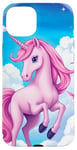 iPhone 15 Plus Pink Unicorn with Clouds and a Bright Rainbow Case