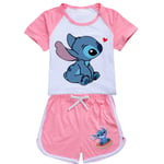 Barn Flickor Lilo Stitch Print Casual T-shirt Shorts Träningsoverall Set Ålder 7-14 år Pink 130cm