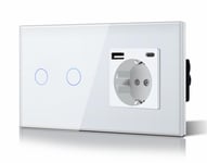 Schuko Interrupteur D'Éclairage, Prise, Encastré, 2 Compartiments, 1 Voie, Prise 3-En-1, Puissance De Charge Usb 2,1 A, Adaptateur De Type C, Station De Charge, Rallonge En Verre, [VID061393]