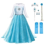 URAQT Elsa Déguisement, Robe Filles Costume Elsa, Costume Petites Filles Princesse Elsa Déguisement, Costume et Accessoires Noël Halloween Anniversaire Robe de Cosplay Couronne Baguette (120cm)