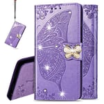 IMEIKONST Nokia C32 Coque, Cuir Magnétique Diamant Gaufrage Housse Pochette Portefeuille Porte Carte Étui à Rabat Coque pour Nokia C32. Cristal Papillon Lavender SD