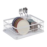 Relaxdays Dish Drainer, with Drip Tray, Drying Rack for Plates, Bowls, Cups, 15 x 42.5 x 32 cm, Crockery Holder, White, Iron