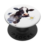 Cute Cow with Flower Watercolor on White PopSockets Adhesive PopGrip