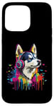 Coque pour iPhone 15 Pro Max Husky Lovers Pop Art portant des écouteurs drôles Husky