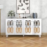 Hauss Sploe - Buffet blanc en miroir 160 x 40 x 84 cm avec 4 portes, 2 étagères et poignées en cristal froid en mdf pour salon et salle à manger,