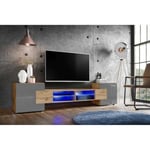 Meuble Banc TV Merano Version 2 Komodee - LED Bleues - Gris Brillant et Bois naturel - 230 x 53 x 35 cm