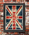 KCV3 Framed Vintage Style Union Jack Keep Calm Carry On Surfing Funny Poster Print Re-Print - A4