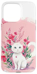 Coque pour iPhone 15 Pro Max Chat blanc mignon, fond rose, art floral