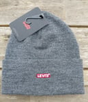 Genuine LEVI'S Grey Melange Cuff BEANIE RED LOGO Hat Toque UNISEX MADE IN ITALY