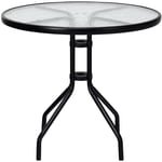 Table de jardin ronde en verre trempé 70 cm cadre en métal trou pour parasol patins antidérapants piscine balcon cour noir