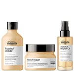 L'Oréal Professionnel, Shampoing Réparateur + Masque Restructurant Instantané + Huile de Finition 10-en-1 pour Cheveux Secs et Abîmés, Absolut Repair, SERIE EXPERT, 300ml + 250ml + 90ml