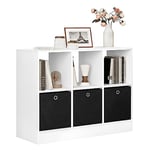 WOLTU Bibliothèque, Meuble de Rangement, Étagère avec 6 Casiers, Meuble Cube, 3 Tiroirs en Tissu, Étagère Rangement, en Bois d’Ingénierie, Blanc, 80x30x60cm, SK033ws