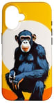 Coque pour iPhone 16 Chimpanzé à l'horizon avec soleil dans le jeu de couleurs primate singe