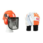 OREGON Yukon Casque de Sécurité pour Tronçonneuse avec Protections Auditives et Visière en Maille d'acier (562412) & Gants de Sécurité en Cuir pour Tronçonneuse, Protection de la Main Gauche,Orange