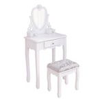 Coiffeuse Enfant, Table de Maquillage en Bois avec Tabouret Rembourré et Miroir Amovible, 3 Tiroirs, Style Princesse EuropéEnne, 50x30x105cm (Blanc)