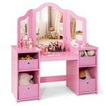 DREAMADE 2 en 1 Coiffeuse Enfants Fille en MDF avec Miroir Triptyque Amovible,Table de Maquillage Princesse avec 4 Étagères Ouvertes (Rose,avec Tiroir)