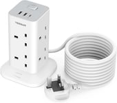 5M Tower Extension Lead, 8 Way Multi Socket Plug, USB C Slots, Surge Protected