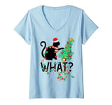 Womens Black Cat Pushing Christmas Tree Lighting Funny Cat What V-Neck T-Shirt