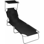 Helloshop26 - Transat chaise longue bain de soleil lit de jardin terrasse meuble d'extérieur pliable avec auvent noir aluminium