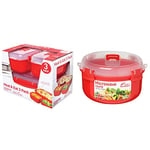 Sistema Heat & Eat Microwave Containers | Stackable Lunch Boxes with Clip-Close Lids | Red/Clear | Pack of 3 & Microwave Round Bowl | Microwave Food Container | 915 ml | BPA-Free | Red/Clear